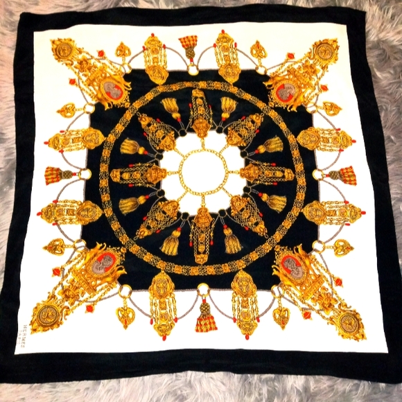 Hermes Paris Silk Scarf of Medallions and Tassels